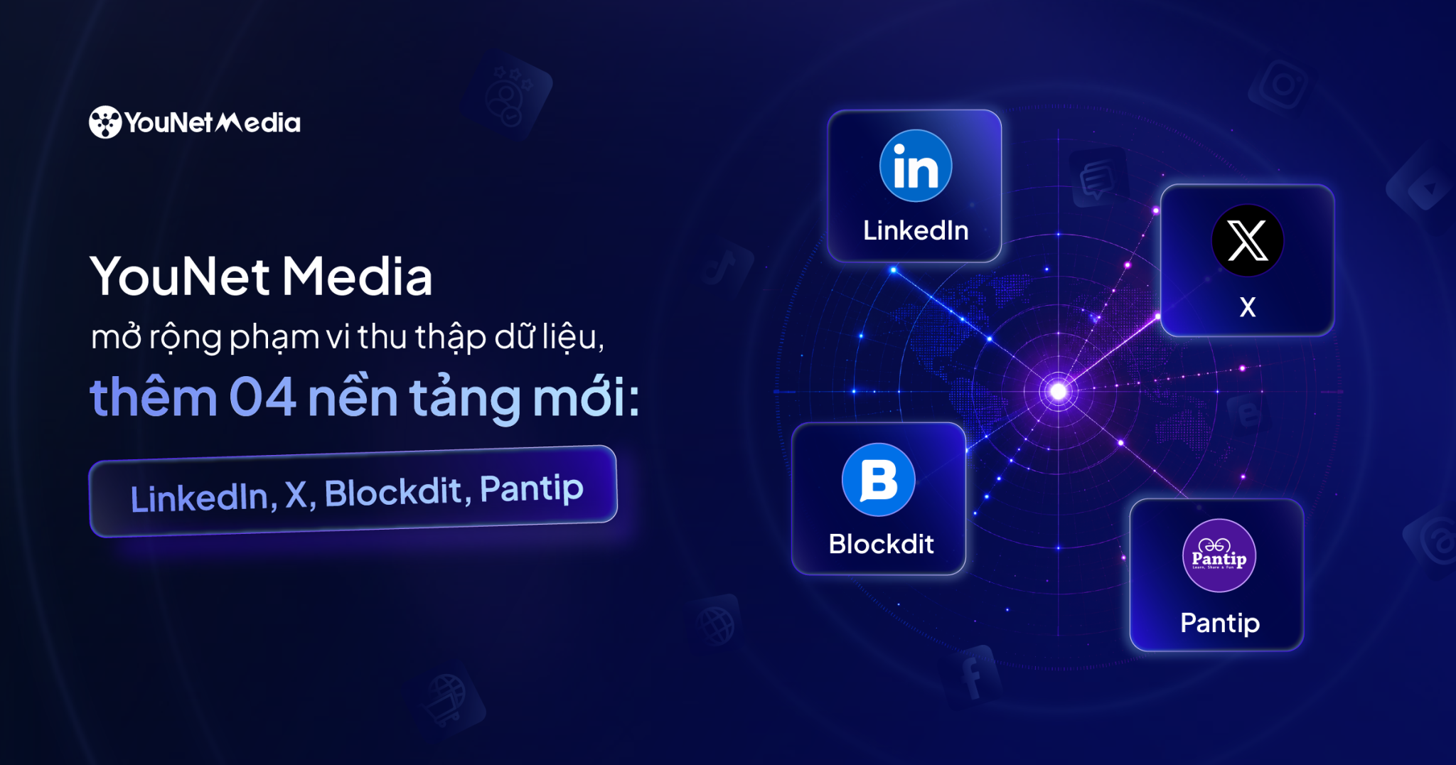 YouNet Media mở rộng phạm vi thu thập dữ liệu, thêm 04 nền tảng mới: LinkedIn, X, Blockdit, Pantip 
